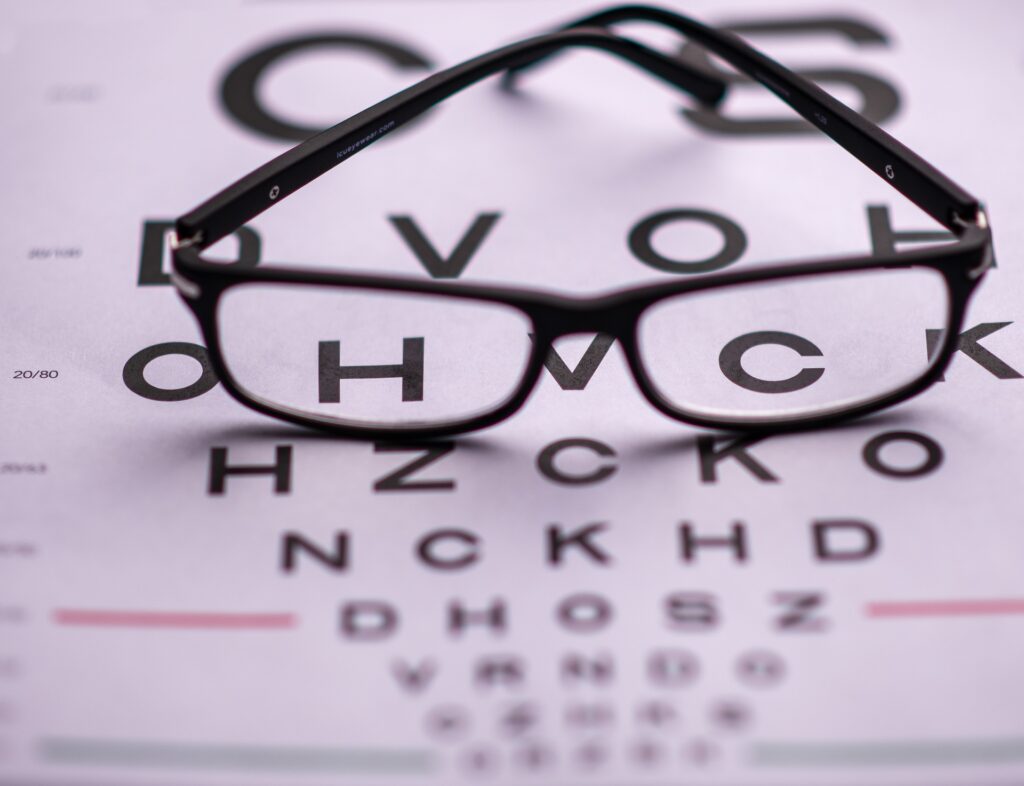 Image of eye exam chart with reading glasses